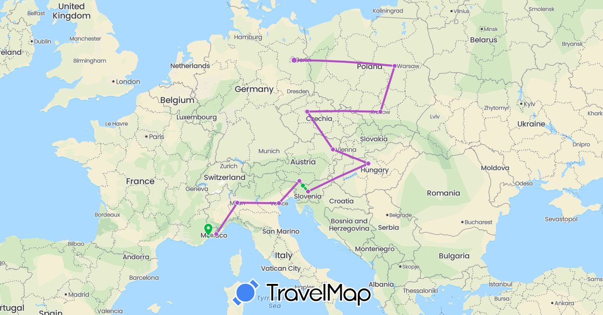 TravelMap itinerary: bus, plane, train in Austria, Czech Republic, Germany, France, Hungary, Italy, Poland, Slovenia (Europe)