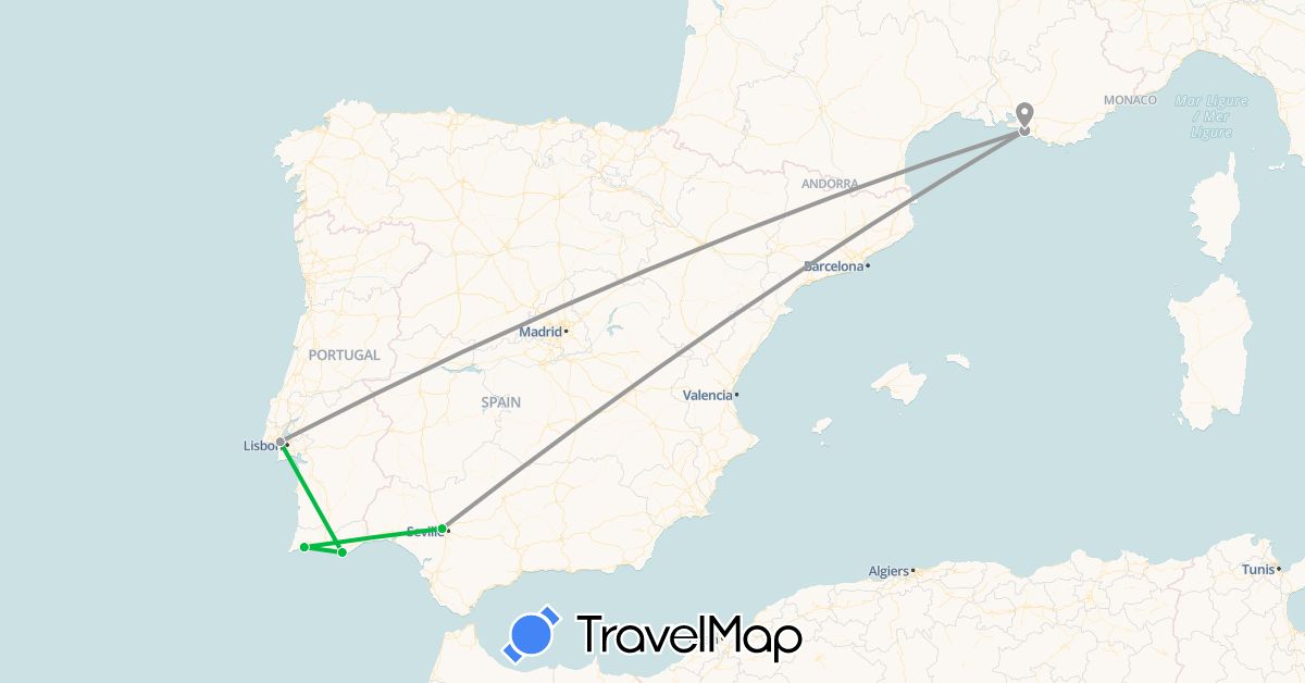 TravelMap itinerary: bus, plane in Spain, France, Portugal (Europe)