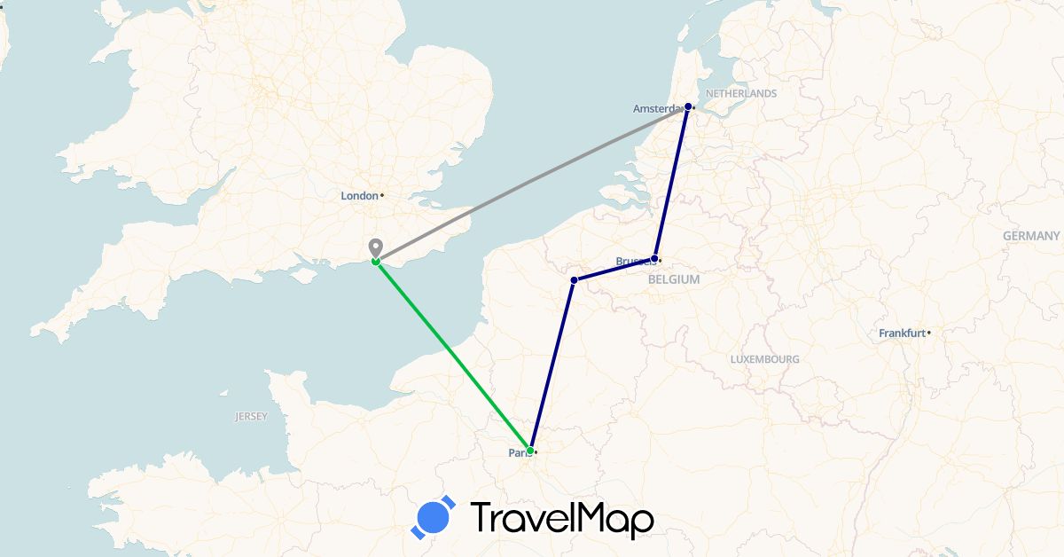 TravelMap itinerary: driving, bus, plane in Belgium, France, United Kingdom, Netherlands (Europe)