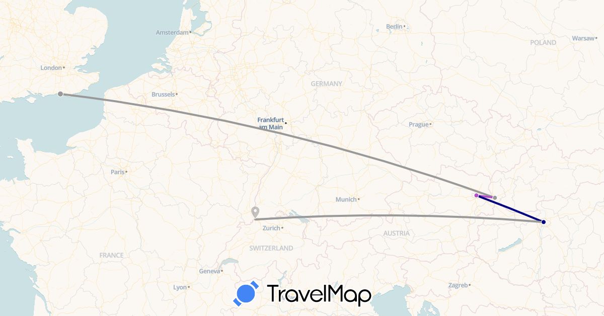 TravelMap itinerary: driving, plane, train in Austria, Switzerland, United Kingdom, Hungary, Slovakia (Europe)